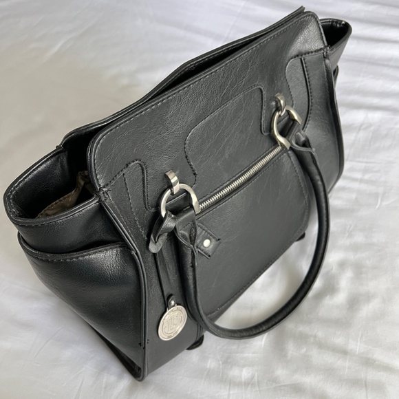 London Fog Black Faux Leather Satchel Handbag with Silver Hardware - Picture 8 of 15